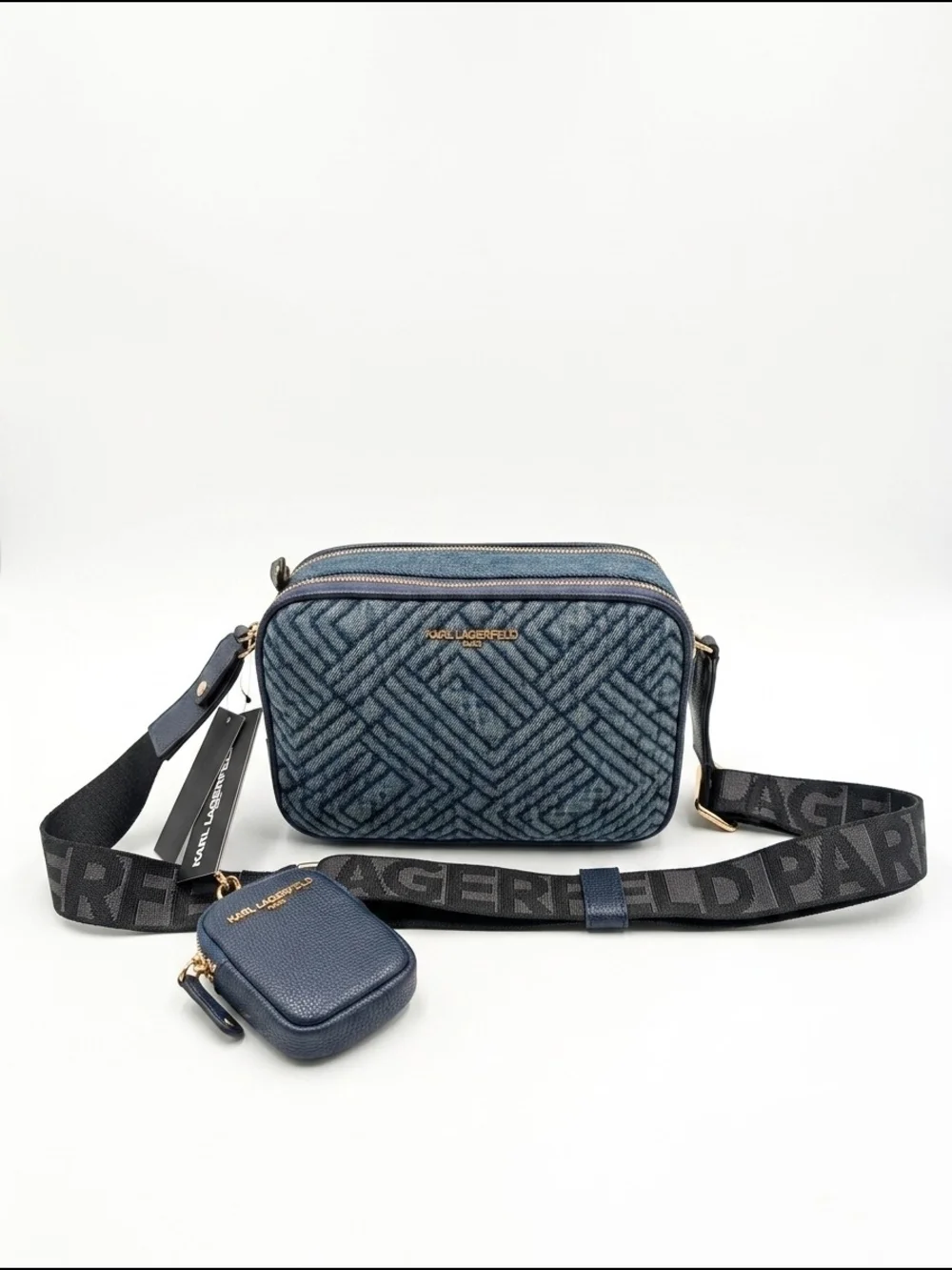 Karl Lagerfeld Denim Combo Crossbody Bag with Logo Strap NWT